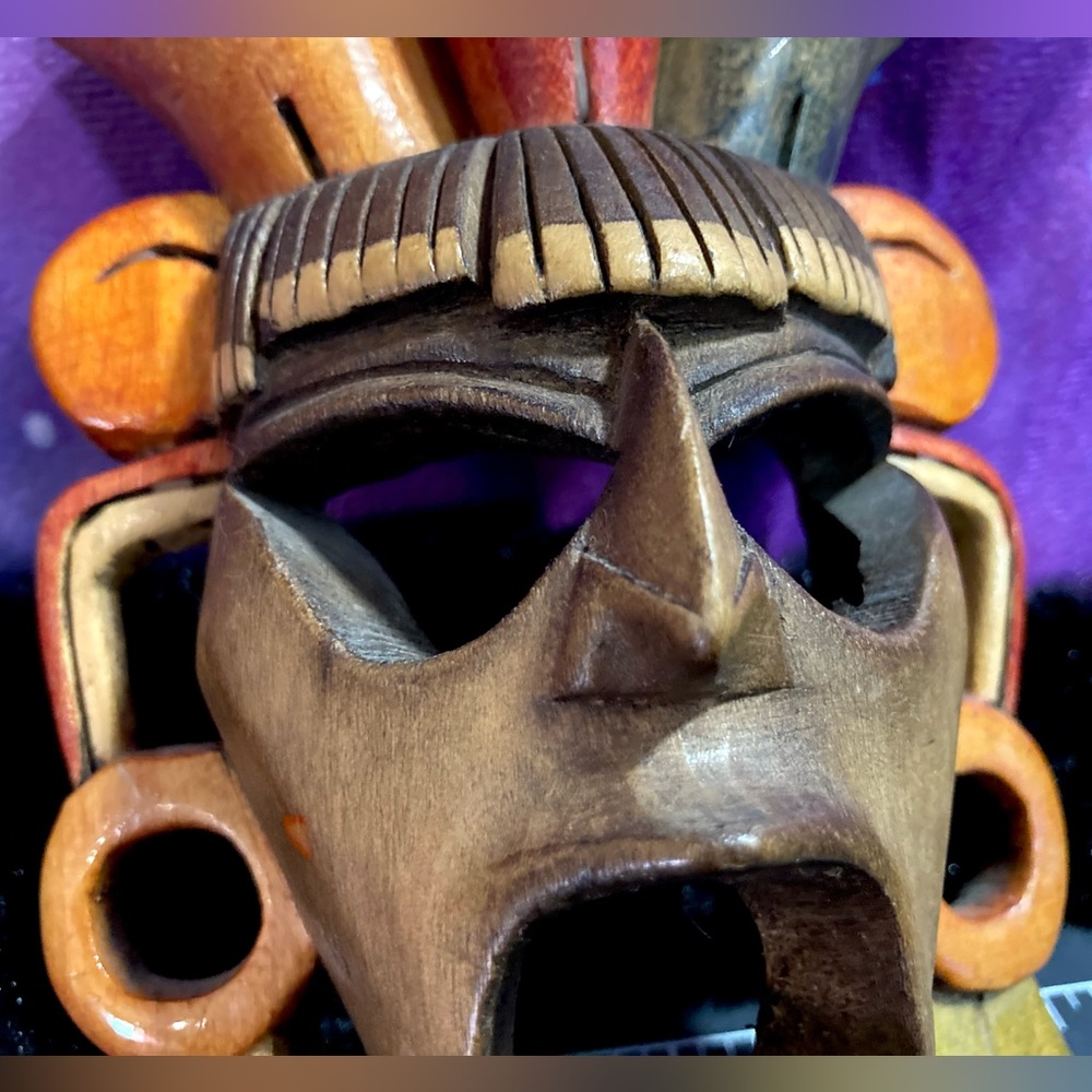 Hand Carved Mayan Wood Mask Aztec Incan Tribal Primitive Wall Decor - Picture 1 of 12